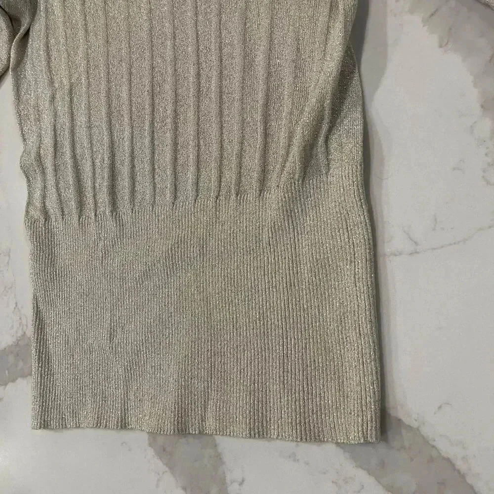 Cable & Gauge Silk Gold Sparkle Ribbed VNeck y2k Sweater Womens Medium Christmas - Picture 2 of 6